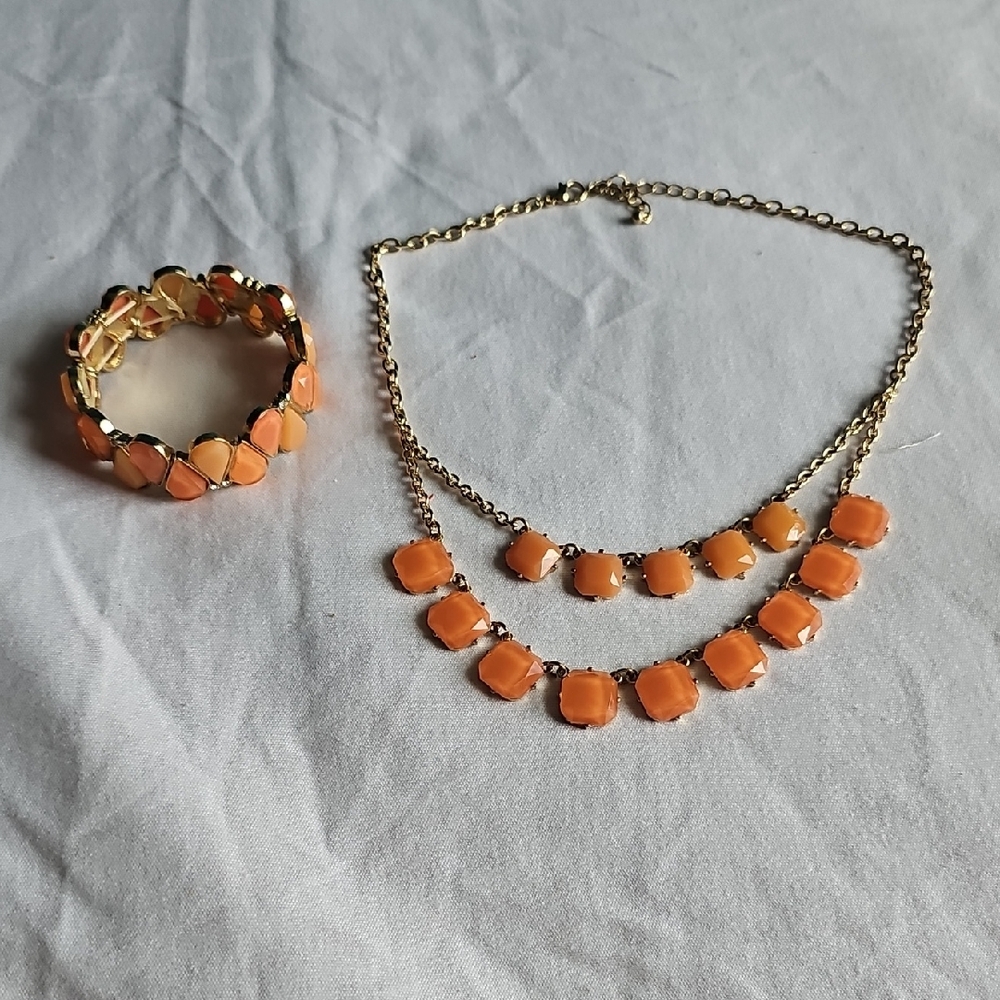Gold-Tone Orange Statement Necklace and Bracelet Set